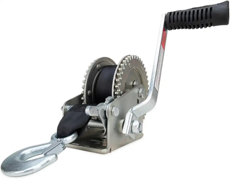 Camco 2000lb Boat Trailer Winch - Manual Hand Crank Boat Winch Features 20-Foot Strap & 2-Way Ratchet - 2,000lb Weight Capacity - Boat Trailer Accessories (50000)