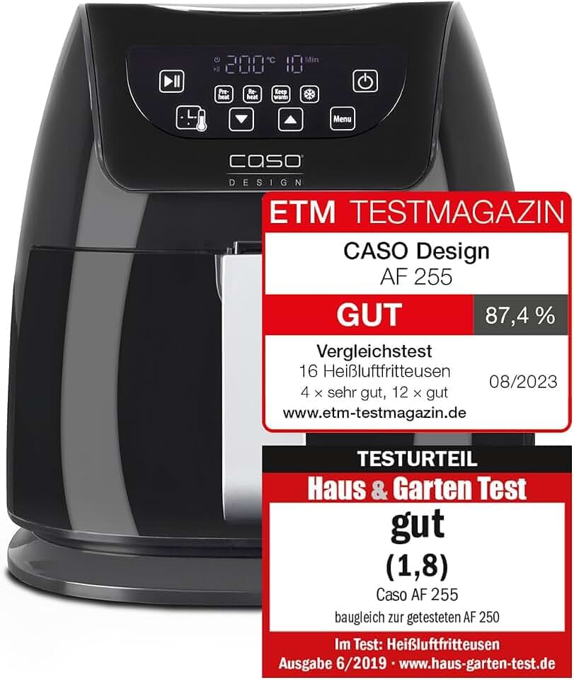 CASO | AF 255 Heißluftfritteuse 3 L, inkl. Grill-Rost | 1 kg, 60-200°C, Leistungsstark 1400 W, ohne Fett, Edelstahl-Innenraum, Schwarz