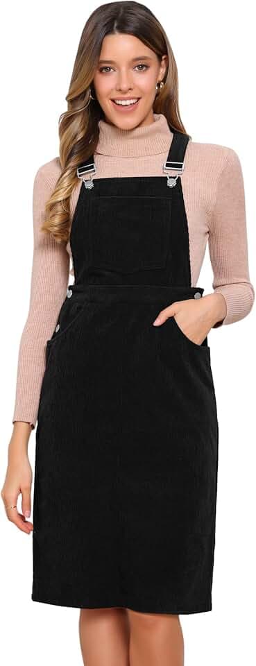 Allegra K Cord-Overall für Damen, Midi-Länge, verstellbare Träger, Taschen, quadratischer Ausschnitt, lässiges Latzkleid