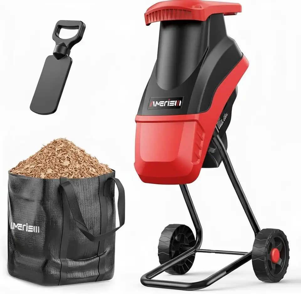 AMERISUN 15-Amp Electric Wood Chipper, 4200 RPM Garden Shredder with 1.75" Branch Capacity, 50L Collection Bag & 7" Wheels, Lightweight Yard Waste Mulcher for Leaves, Branches & Home Landscaping