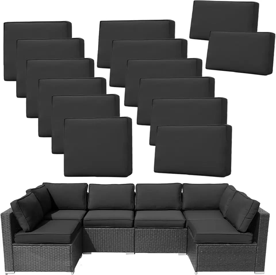 14Pieces Patio Cushion Covers Replacement Outdoor Couch Cushions Covers Splashproof Sofa Slipcovers Set with Zippers,Patio Furniture Protector Cover Only(Black,25.6×25.6×3.94inches)