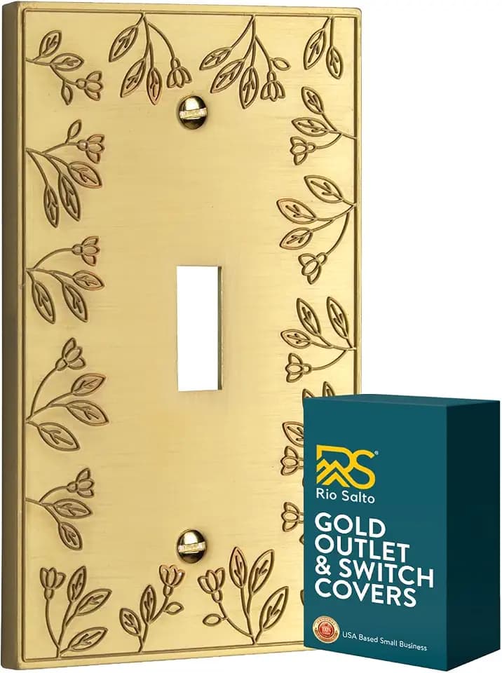 Rio Salto Gold Light Switch Cover Plate Toggle Brushed Gold Switch Plate Metal Decorative Floral Wall Plates Flip Switch Cover — Floral Collection, Midsize 5.00" X 3.13"