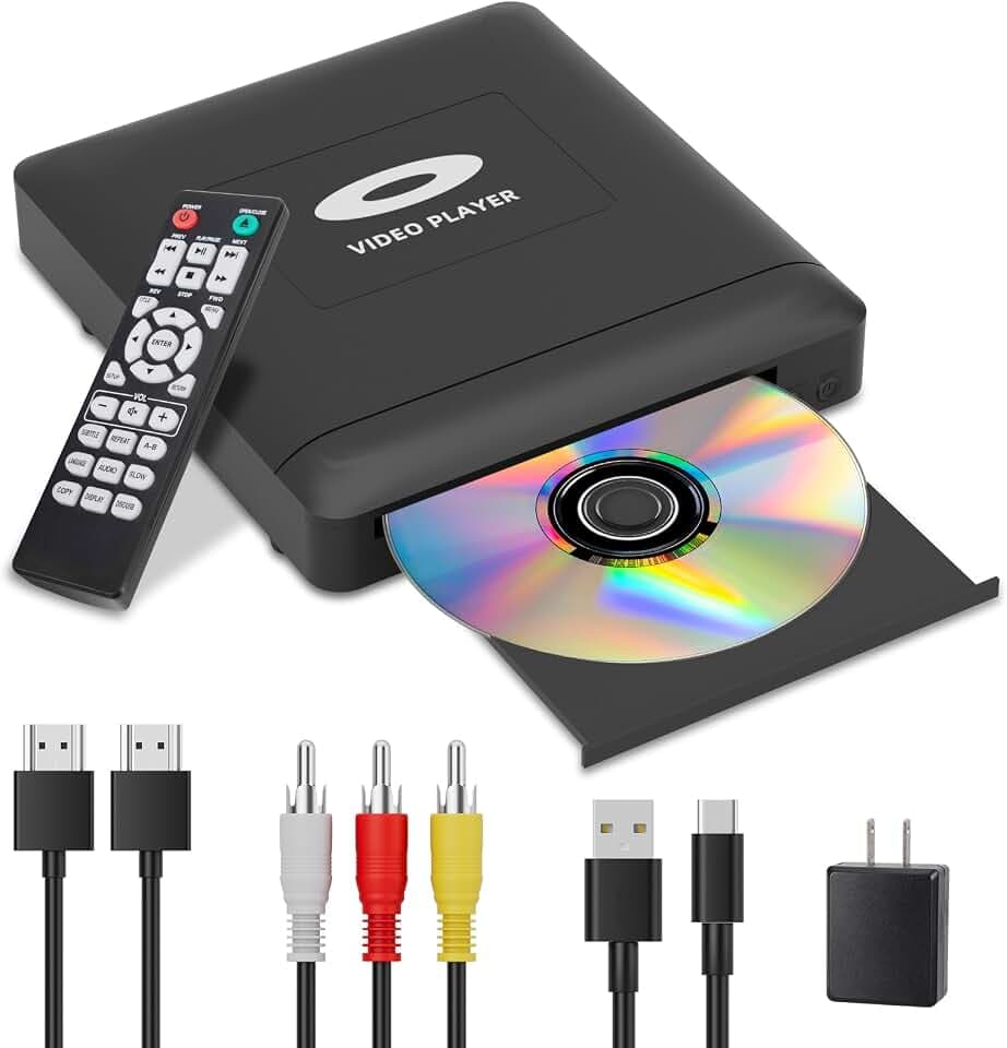 Mini HD DVD Player mit HDMI,1080P Region Free DVD Player für Smart TV, HDMI/RCA Ausgangskabel inklusive, Geringeres Rauschen, Eingebautes PAL/NTSC, CD Player für Zuhause