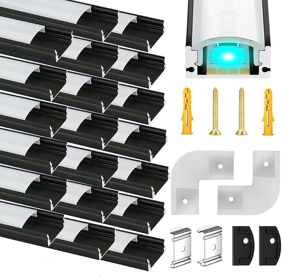 Chesbung 20 X 1m Schwarz LED Aluminium Kanal für Led Streifen/Stripes, U Form Kanal Eckprofil Alu Profile, Leiste Aluprofil with Milchig Weißer Abdeckung, Montageclips und 90 Grad Eckverbindern
