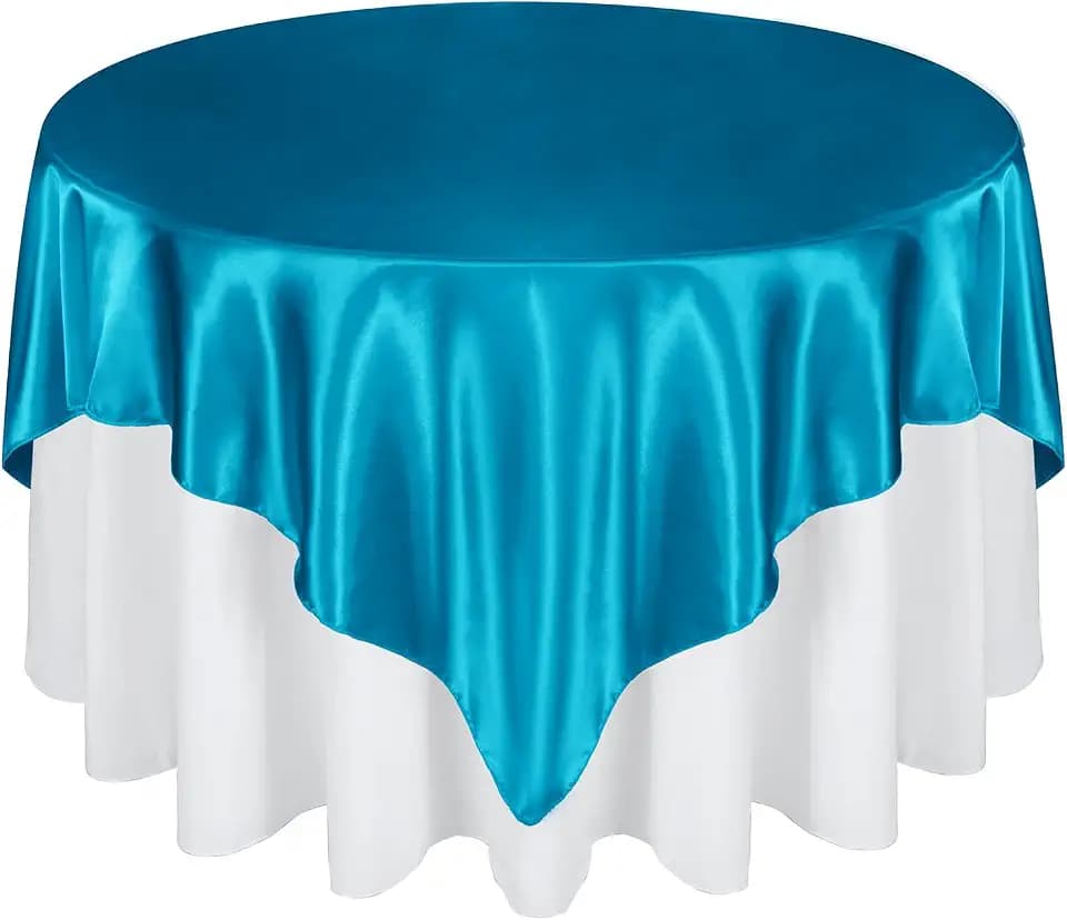72 Inch Satin Square Tablecloth Overlay, Turquoise, 6 Pcs