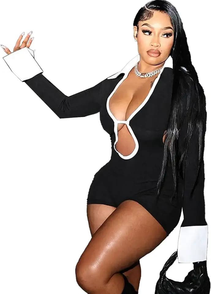 Molilove Women's Sexy Deep V Hollow Out Shirt Collar Long Sleeve Backless Strap Tight Jumpsuit Shorts Clubwear