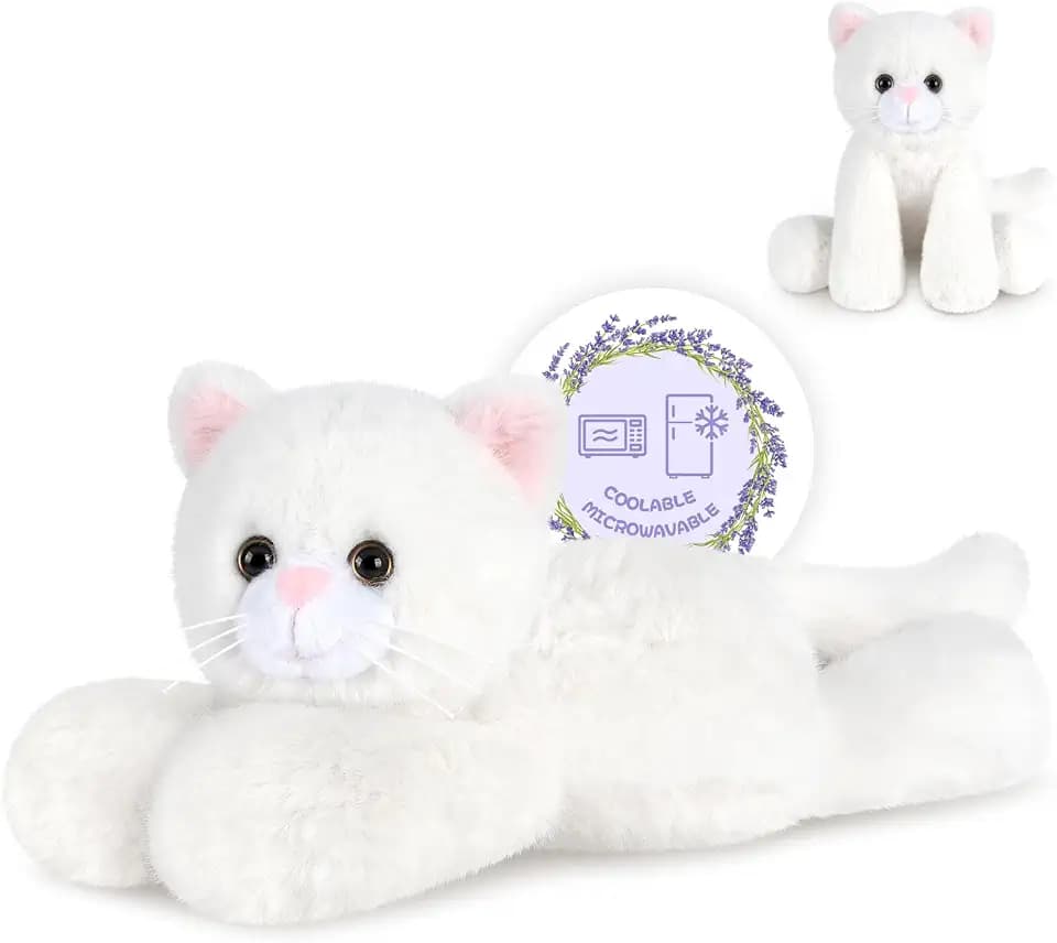 SuzziPals Heatable & Coolable White Cats Stuffed Animals, Microwave Heating Pad Animal for Discomfort, White Cats Plush for Companion, Cat Plushies Lavender Stuffed Animal, Stuffed Cat Toys Gift