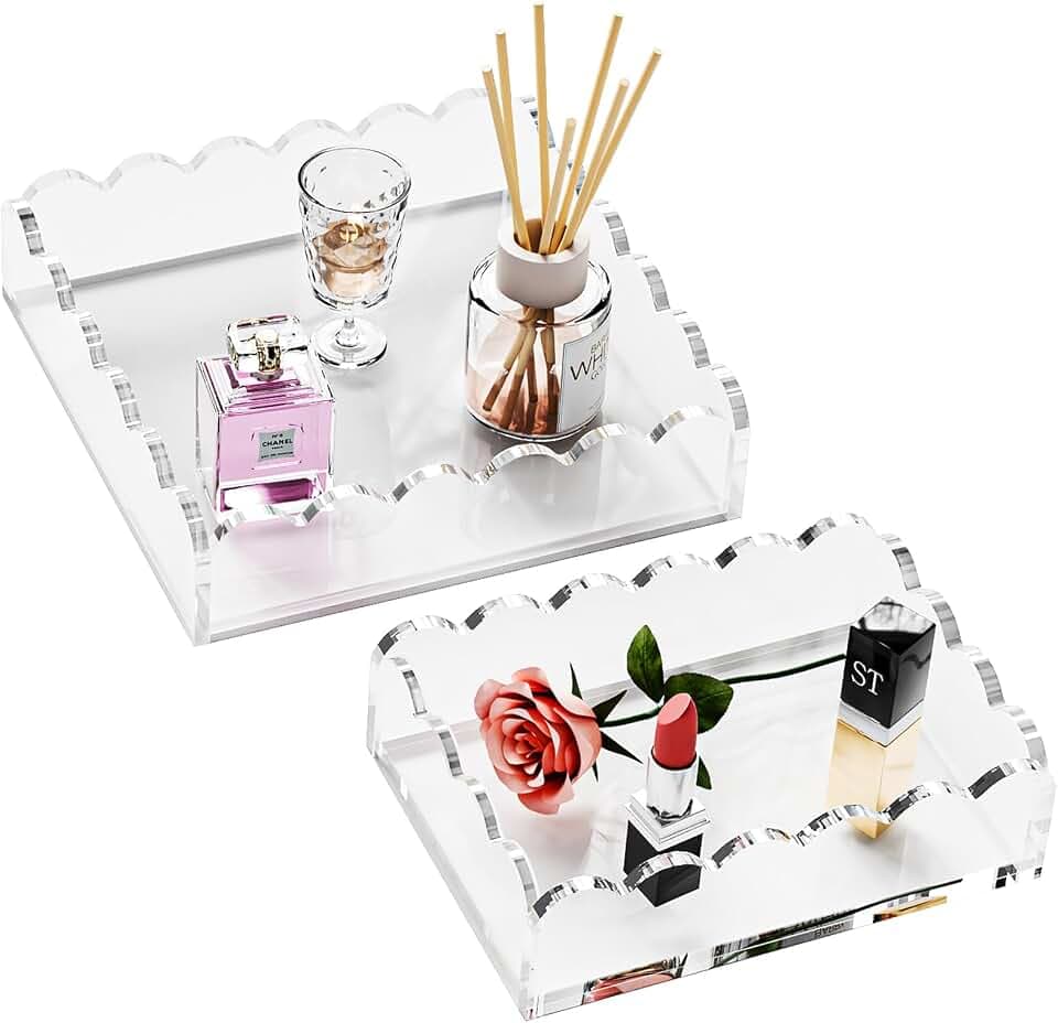 Scalloped Acrylic Tray 2 Pack, Clear Acrylic Decorative Tray for Vanity Jewelry Display, Countertop Organizer Tray for Perfume Makeup, 7 x 5 Inch 8 x 8 Inch Acrylic Organizer for Bathroom Home Decor