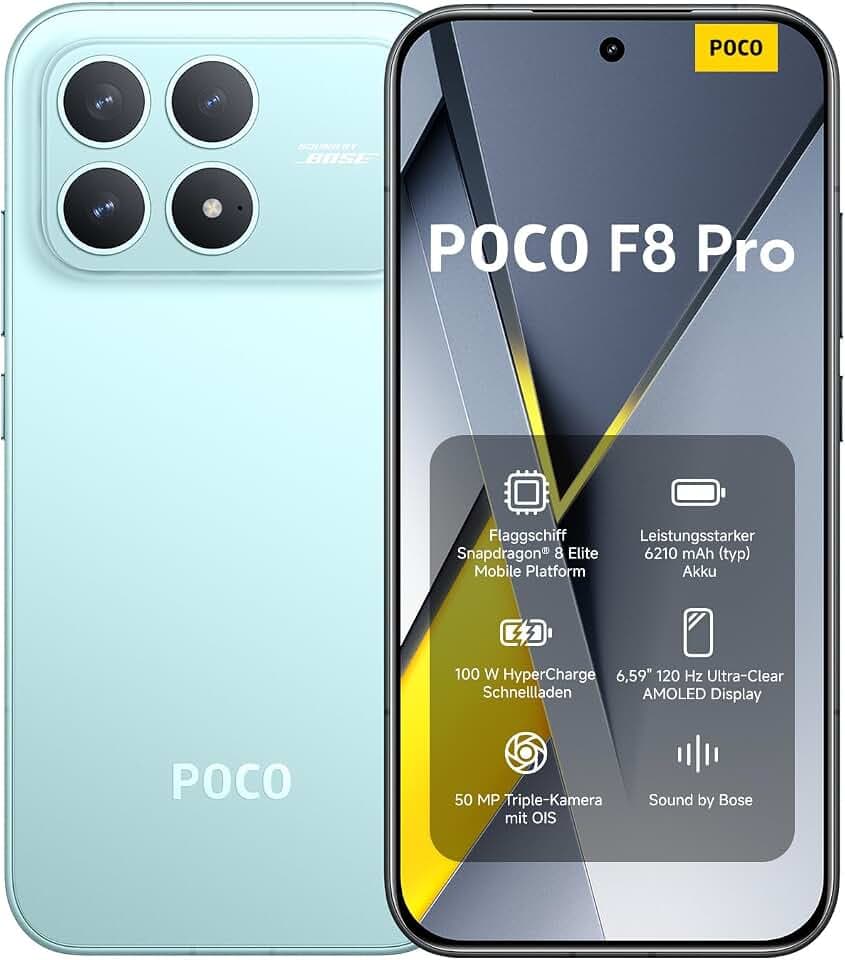 XIAOMI Poco F8 Pro Smartphone, 12+256GB, 6210mAh, 50MP, Blau | 6.59" 120Hz AMOLED Display, 50MP Triple-Kamera mit 60mm Teleobjektiv, Sound by Bose, Handy mit Android, 2 Jahre Garantie