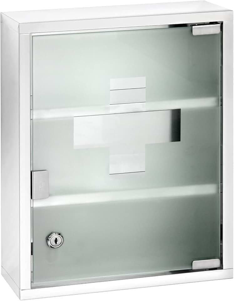 Medikamentenschrank Edelstahl, Arzneischrank zur sicheren Aufbewahrung von Medikamenten, aus hochwertigem, glänzendem Edelstahl und satiniertem Sicherheitsglas mit Dekor, 30 x 12 x 40 cm
