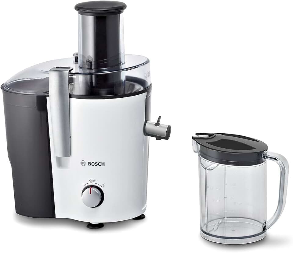Bosch XL Entsafter, für Obst und Gemüse, große Mengen, XL Einfüllschacht, schnell, kein Vorschneiden, 1,25l Saftbehälter, leichte Reinigung, spülmaschinenfest, 700 W, weiß/grau, VitaJuice 2 MES25A0
