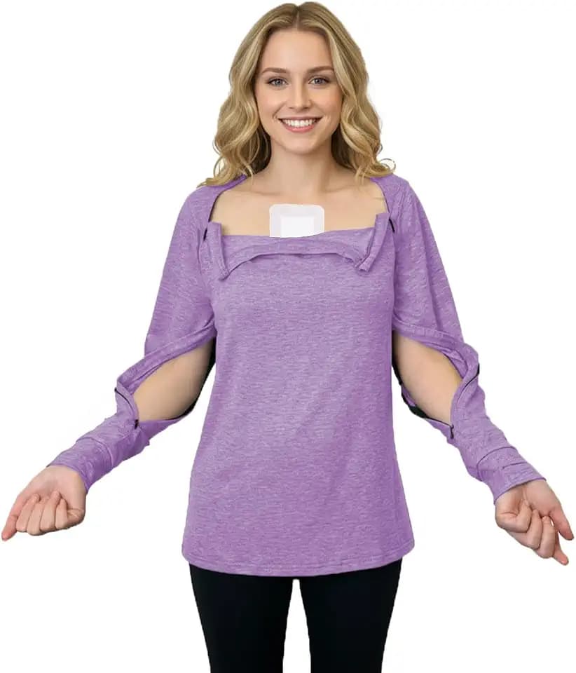 Youdiao Women's Port Access Shirt with Easy-Open Arm Zipper Soft Long Sleeve Top for Chemo, Dialysis & Post-Surgery Recovery