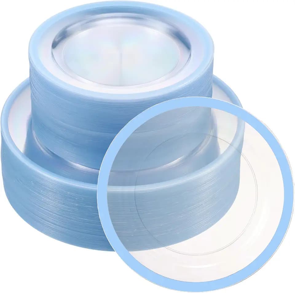 Wesiti 100 Pcs Clear Plastic Plates Disposable Dinnerware Set Includes 50 Pieces 10.25 '', 50 Pieces 7.5 '', Cake Salad Dessert Plates for Wedding Birthday Holiday Parties (Light Blue Rim)