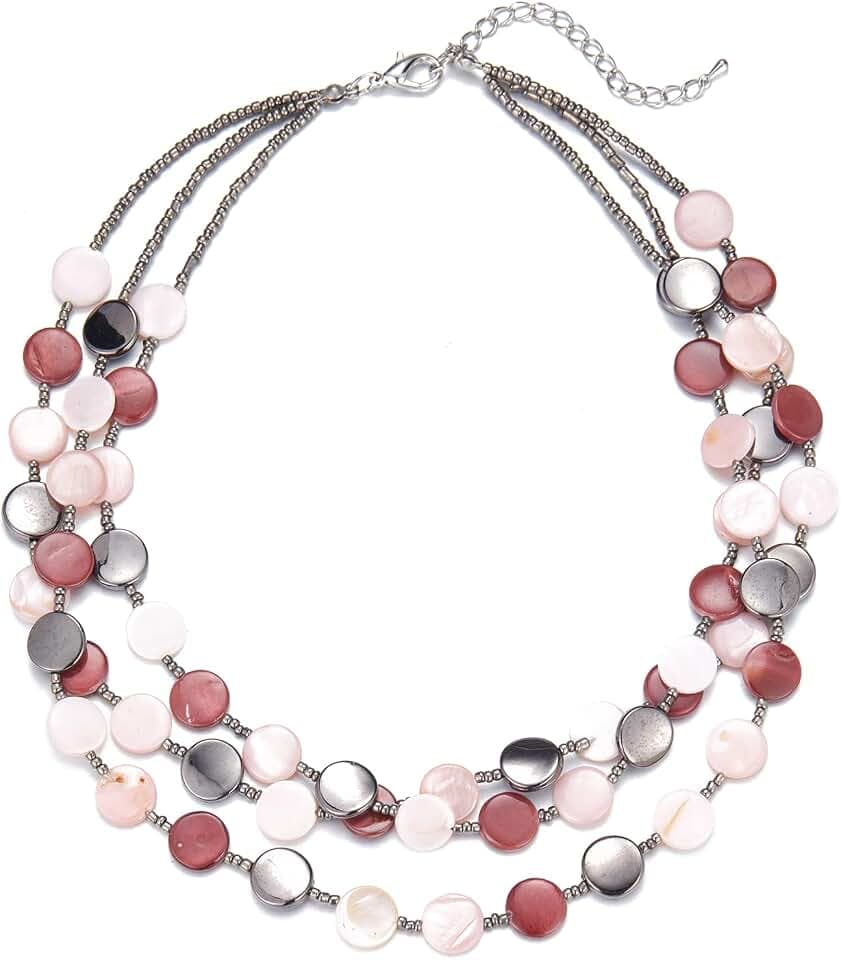 Noessla Layered Beaded Chunky Necklace for Women Boho Two-color Shell Statement Necklace Fashion Collar Costume Jewelry Gifts for Mum