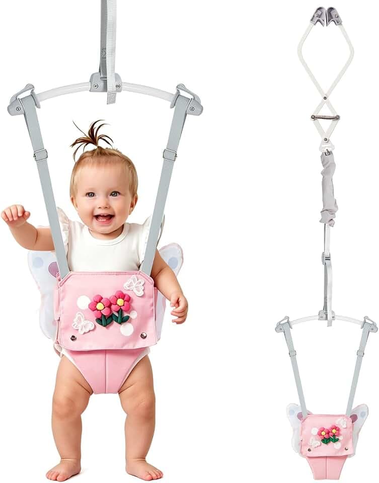 FUNLIO Baby Türhopser für 6–24 Monate (mit Türklemme), Baby Jumper mit starker Feder/verstellbarem Riemen, einfach zu montieren und zu lagern Baby Hopser, Tragfähigkeit 18 kg – Rosa Schmetterling