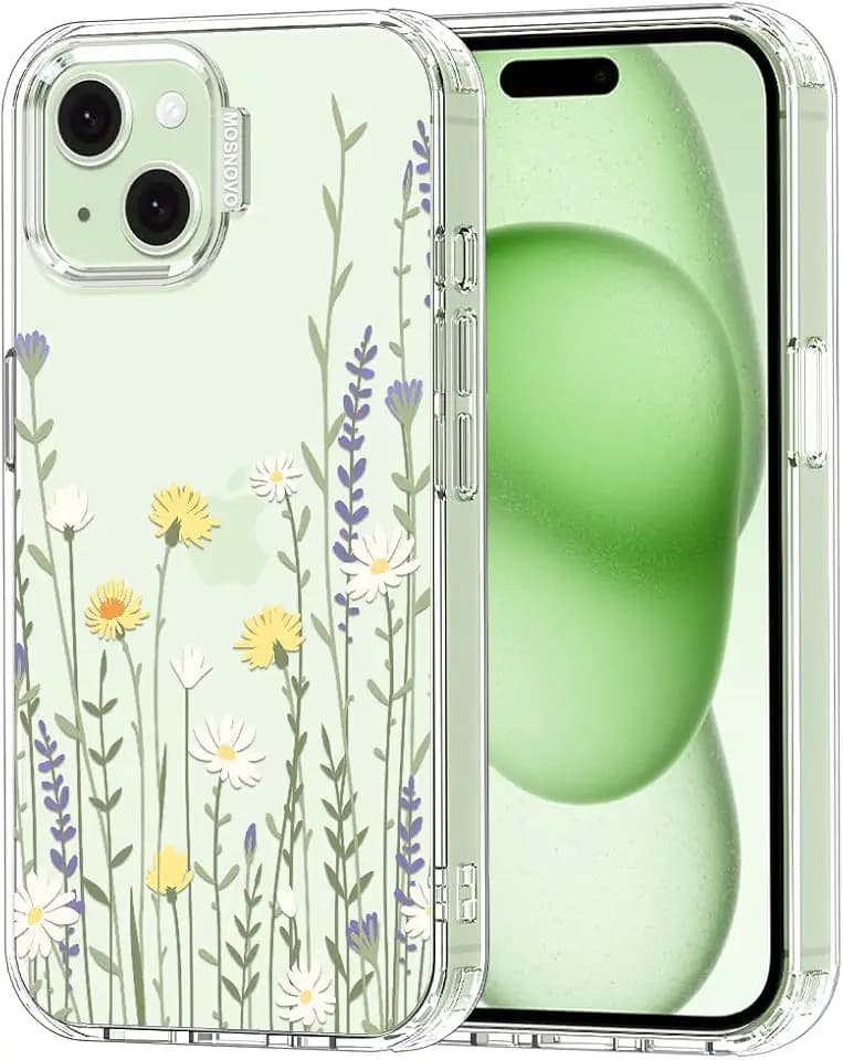 MOSNOVO Case for iPhone 15, [Buffertech 6.6ft Military-Grade Drop Protection] [Anti Peel Off Tech] Clear TPU Bumper Phone Case Cover Design - Wild Meadow