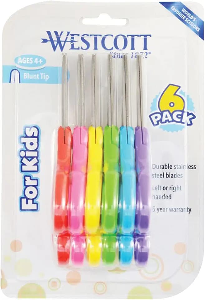 Westcott 16454 Right- and Left-Handed Scissors, Kids' Scissors, Back to School, Classroom Supplies, Ages 4-8, 5-Inch Blunt Tip, Assorted, 6 Pack