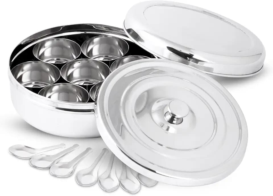 KSJONE Doppeldeckel-Gewürzbehälter Masala Dabba mit 7 Fächern und 7 Löffeln, Masala-Box, Gewürzbehälter-Box, Edelstahl-Gewürzdose indisch mit Doppeldeckel, 18 cm