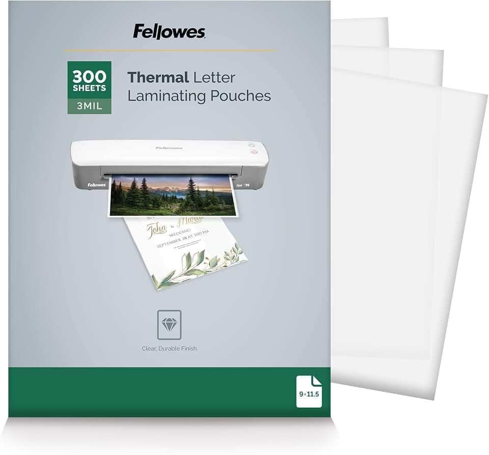 Fellowes Thermal Clear Laminating Pouches, Letter Size Sheets, 3 Mil, 300pk
