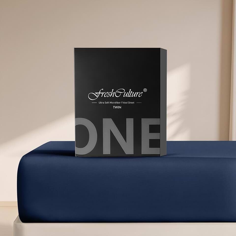 FreshCulture Twin Fitted Sheet Only – Premium Hotel-Quality Fitted Sheet for Twin Bed – Ultra Soft & Breathable Brushed Microfiber – Elegant Black Box Packaging (Navy)