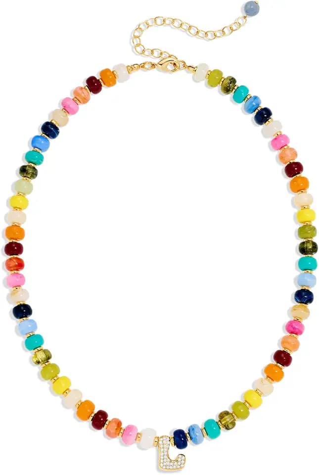 Colorful Beaded Initial Necklace for Women - Colorful Letter A-Z Necklaces, 14K Gold Plated Zirconia Bubble Letter Charm, Women Gold Jewelry Personalized Birthday Gifts