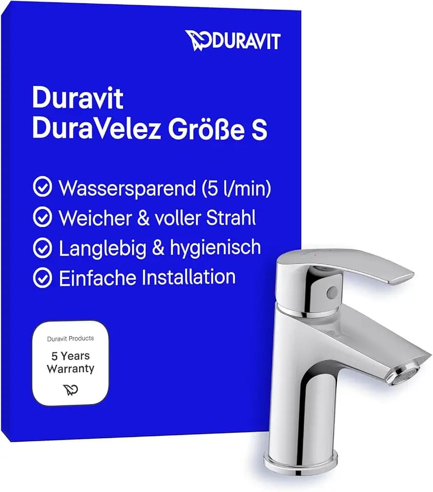 Duravit DuraVelez wassersparende Waschtischarmaturen, Größe S (Auslauf Höhe 100 mm), Waschbecken Armatur, Wasserhahn Bad ohne Zugstangen Ablaufgarnitur, Chrom