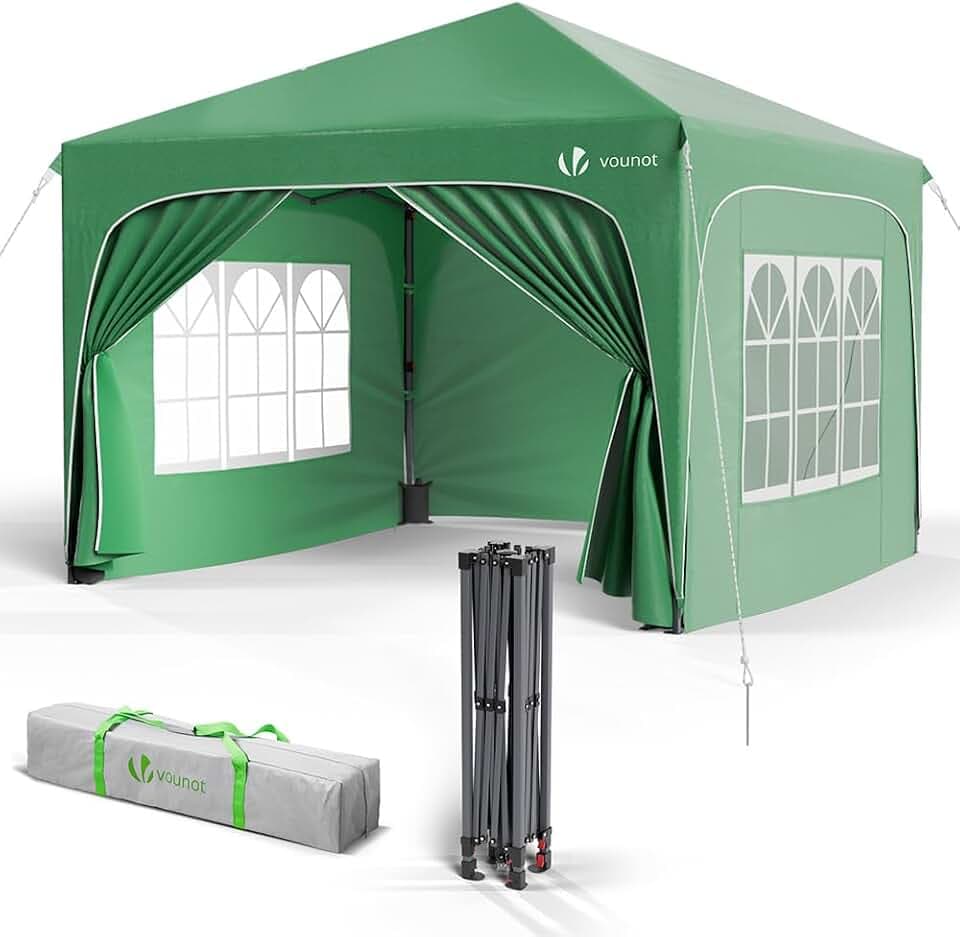 VOUNOT® Pavillon 3x3m mit 4 Seitenteilen & 4 Sandsäcke, Pop Up Faltpavillon, Wasserdicht, Faltbar Gartenzelt Partyzelt, inkl. Tasche, Grün