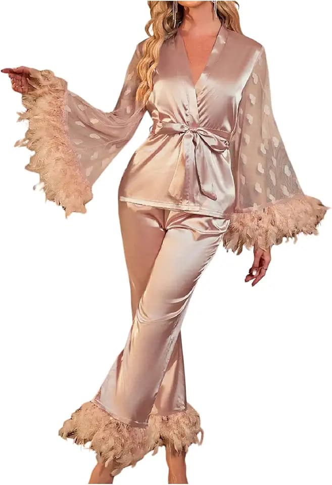OYOANGLE Feather Pajamas for Women Silk Belted Robe and Pants Sleepwear Set