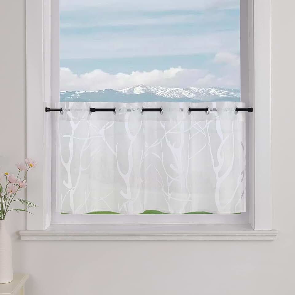 Delien Voile Scheibengardinen Küche mit Zweig-Muster B120 x H30 cm, Weiß