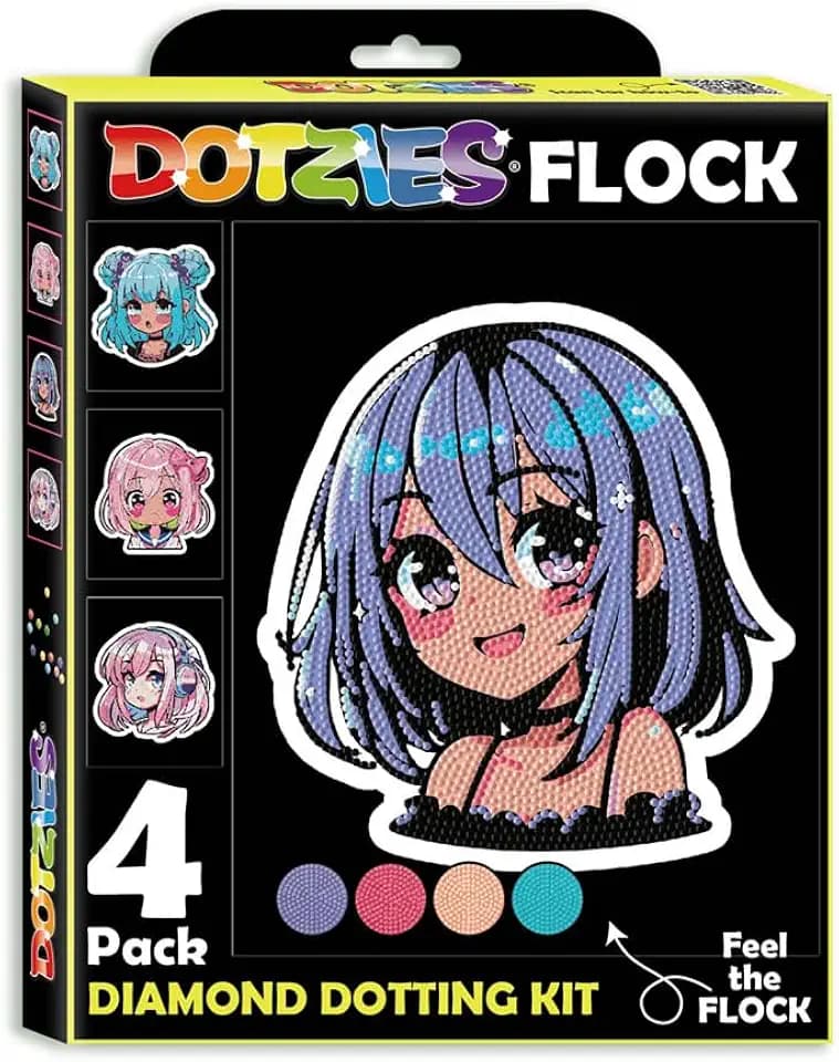 DIAMOND DOTZ DOTZIES 2594444 Original 5D Diamond Painting Set, Neon Anime Mädchen, 4 bunte Diamant-Bilder mit Flock, Dotting-Kit für Kinder ab 6 Jahren, Beginner