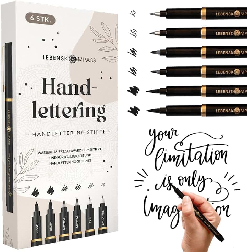 LEBENSKOMPASS Handlettering Stifte Set 6 wasserbasierte Hand Lettering & Kalligraphie Stifte für Anfänger mit 4 versch. Größen - Farbe: Schwarz