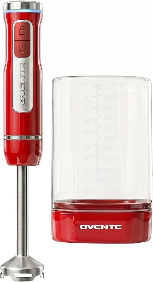 OVENTE Cordless Hand Blender, Rechargeable with 8 Mixing Speed Red HR781R