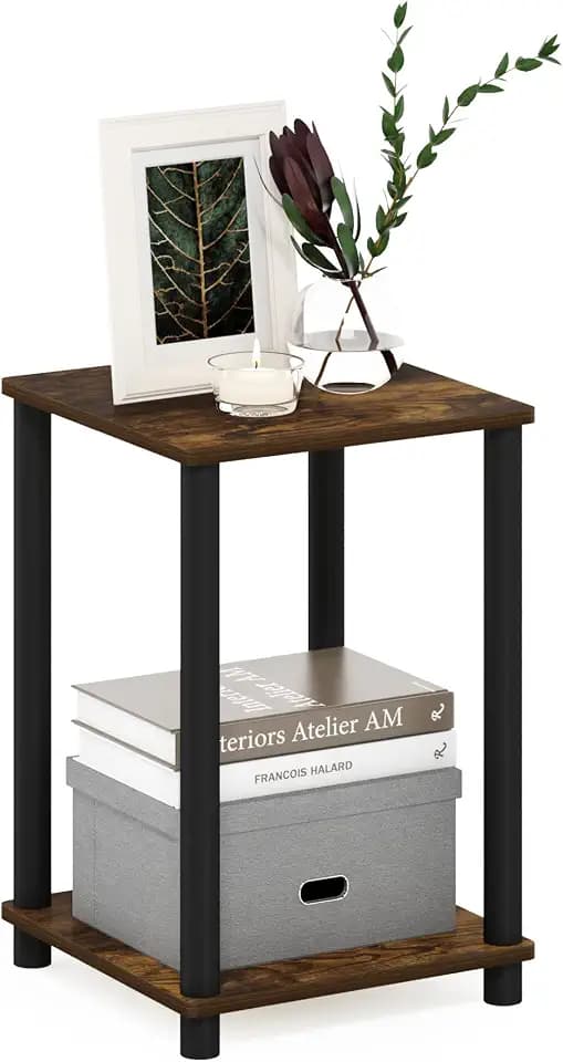 Furinno TURN-N-TUBE Side Table, 2-Tier Modern Square End Table with Open Shelf, Toolless Night Stand, Bedside Table, for Living Room, Bedroom, Amber Pine
