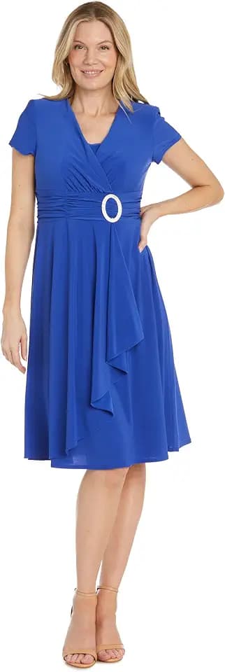 R&M Richards Women's Cascade Wrap Dress with V-Neck & O-Ring Rhinestone Buckle, Work to Weekend Short Sleeve Flowy Silhouette