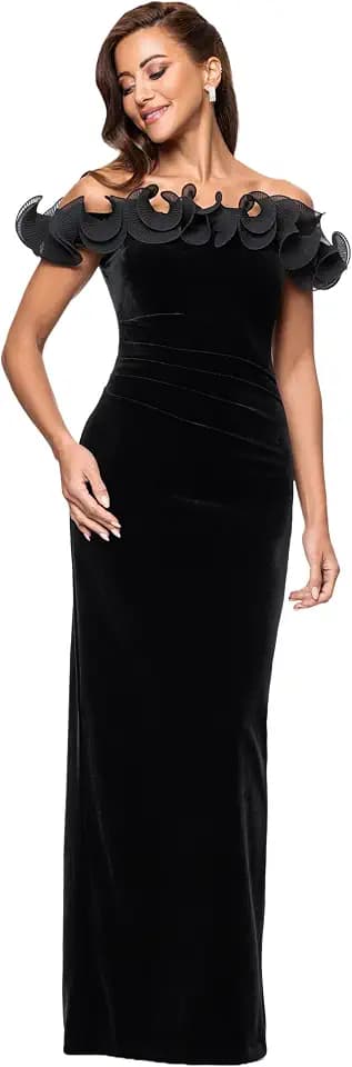 Xscape Women's Floor Length Velvet Off Shoulder Evening Gown with Organza Ruffle and Back Slit
