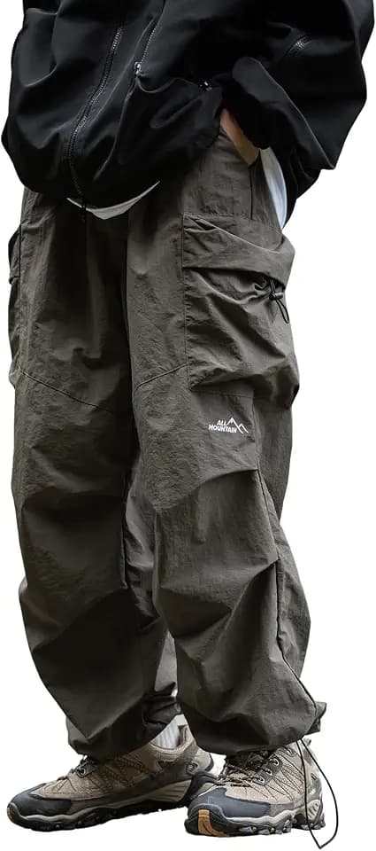 Men's Baggy Wide Leg Cargo Pants for Hiking Work Travel, Parachute Pants Elastic Waist Quick Dry with Pockets