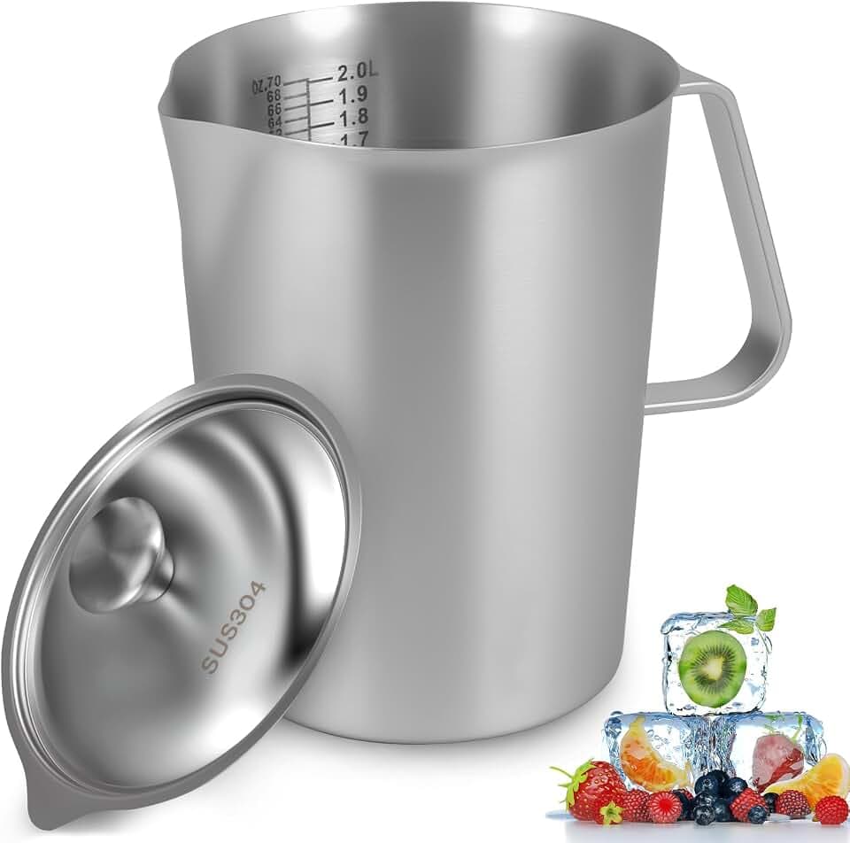 1 Pcs 2L/70 oz Large Stainless Steel Pitcher with Lid, Metal Measuring Cup with Handle & Scales, Wide Mouth Graduated Beakers, Milk Frothing Jug Metal Pitcher for Coffee Latte Art, Hot/Cold Water