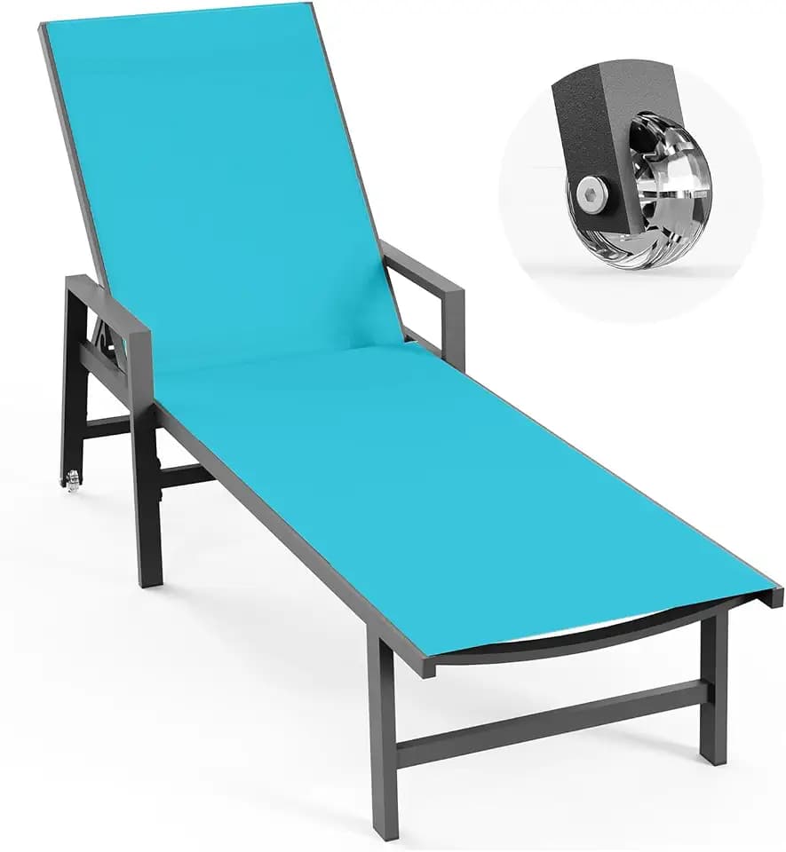 Vexwalx Patio Chaise Lounge Chair Outdoor with Wheels&Armrests, Aluminum Pool Lounge Chairs 5-Position Adjustable Recliner, Outdoor Beach Lounge Chairs for Outside, Patio, Deck, Yard, Lake Blue