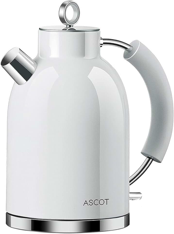 Wasserkocher Edelstahl, ASCOT Elektrischer Wasserkessel, 2200W, 1,5 liter, Retro Design Teekocher, Trockengehschutz, automatische Abschaltung (Weiß)