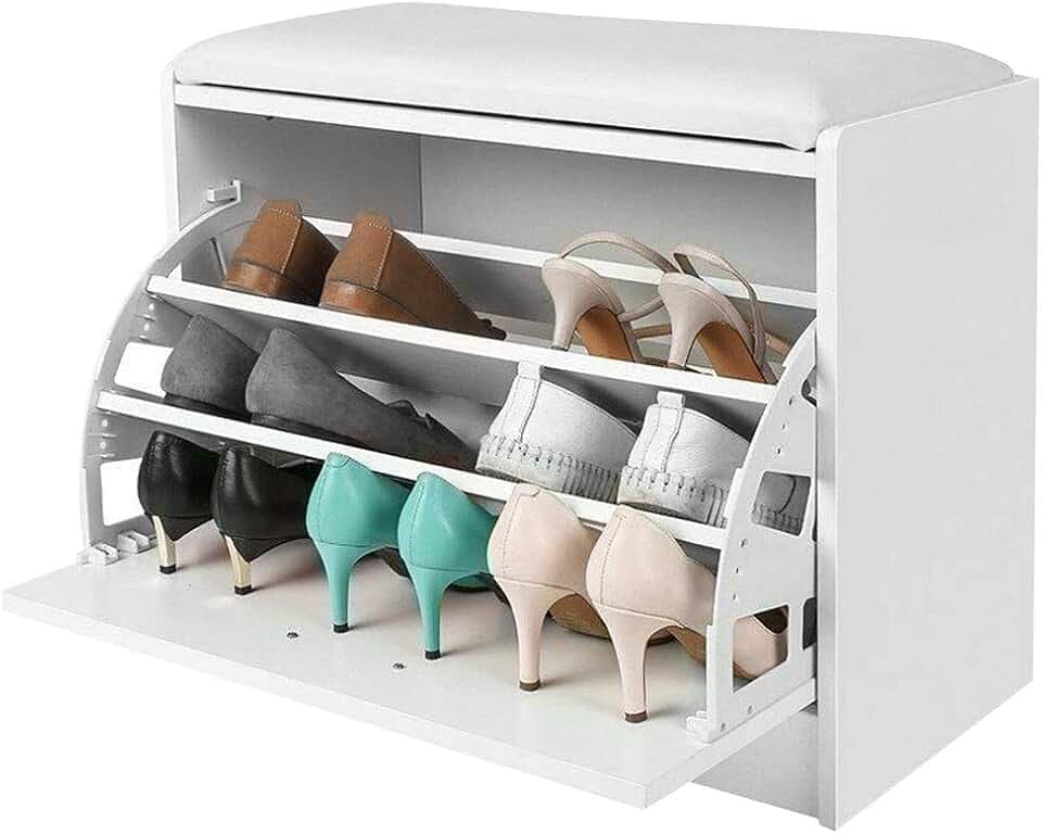 BAKAJI Schuhbank Platzsparender Schuhschrank aus Holz mit Klapptür dreifacher Tiefe und Sitz aus Kunstleder, Maße 60 x 30 x 48 cm (Weiß), Weiss/Opulenter Garten