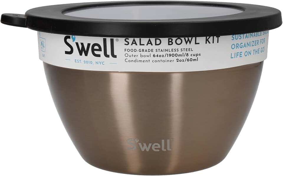 S'well lifetime brands europe limited Salatschüssel-Set, Pyrit, 1,9 l – Salat-Lunchbox mit Gewürzbehälter und herausnehmbarem Tablett – auslaufsicher und spülmaschinenfest, Gold