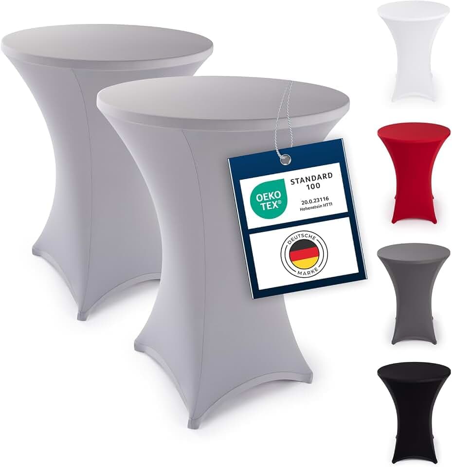 Blumtal 2er Set Stretch Stehtisch Hussen Bügelfrei - Oeko -TEX zertifizierte Tischhussen für Stehtische Ø 70 – 75 cm - Verstärkung im Fußbereich - waschmaschinengeeignet - Silbergrau