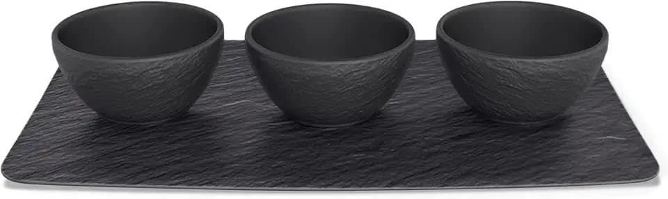 Villeroy & Boch - Manufacture Rock Dipschälchen Set 4 teilig Schwarz Matt, Spülmaschinenfest, Mikrowellensicher, Servierplatte, Schalen, Schälchen, Serviergeschirr Schieferoptik, Premium Porzellan