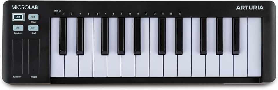 Arturia MicroLab mk3 – kompaktes, anschlagsdynamisches MIDI-Controller-Keyboard mit 25 Tasten, Dual Touch Strips, Akkordmodus, Sustain-Pedal-Input – Schwarz