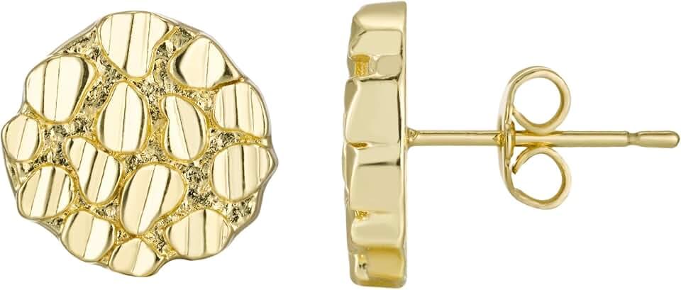 Unisex 14k Gold Plated Nugget Earrings Textured Cookie Round Shape Rough Hip Hop Studs For Man And Woman