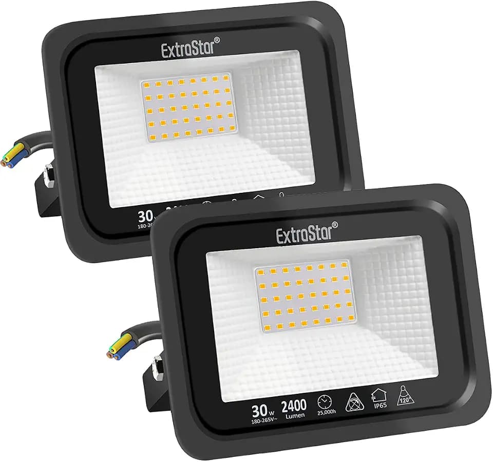EXTRASTAR 30W LED Strahler Außen 2 Stücke,2400LM 3000K Warmweiß Superhell Außenstrahler, IP65 Wasserdicht LED Fluter, Außenlampe für Garten, Innenhöfe, Garage, Hotel, Sportplatz