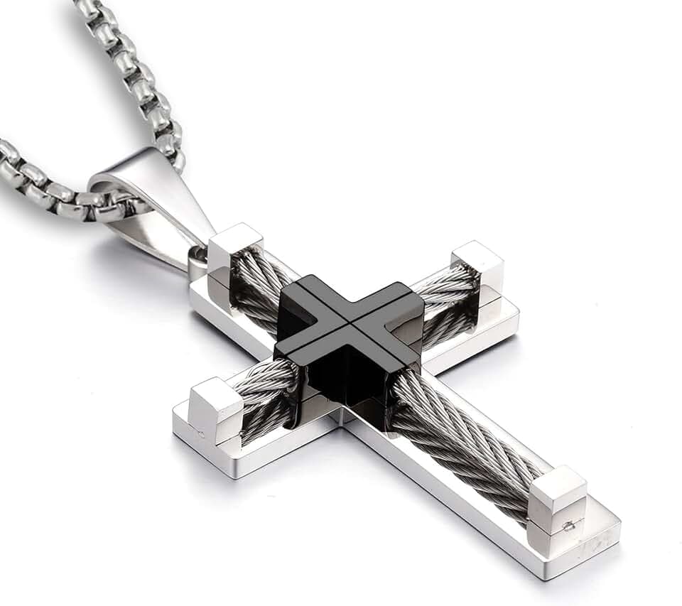 YL Men's Cross Necklace 316L Stainless Steel Large Jesus Christ Pendant Jewelry Rolo Chain for 24″