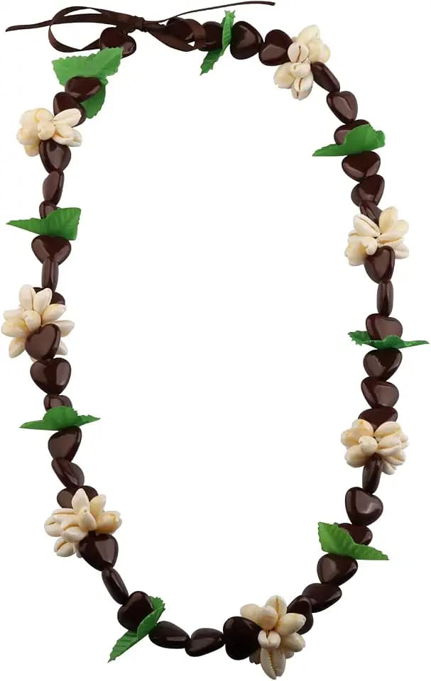 KUIYAI Hawaiian Kukui Nut Necklace with Chunky Heart-Shaped Beads Ribbon Tie Closure