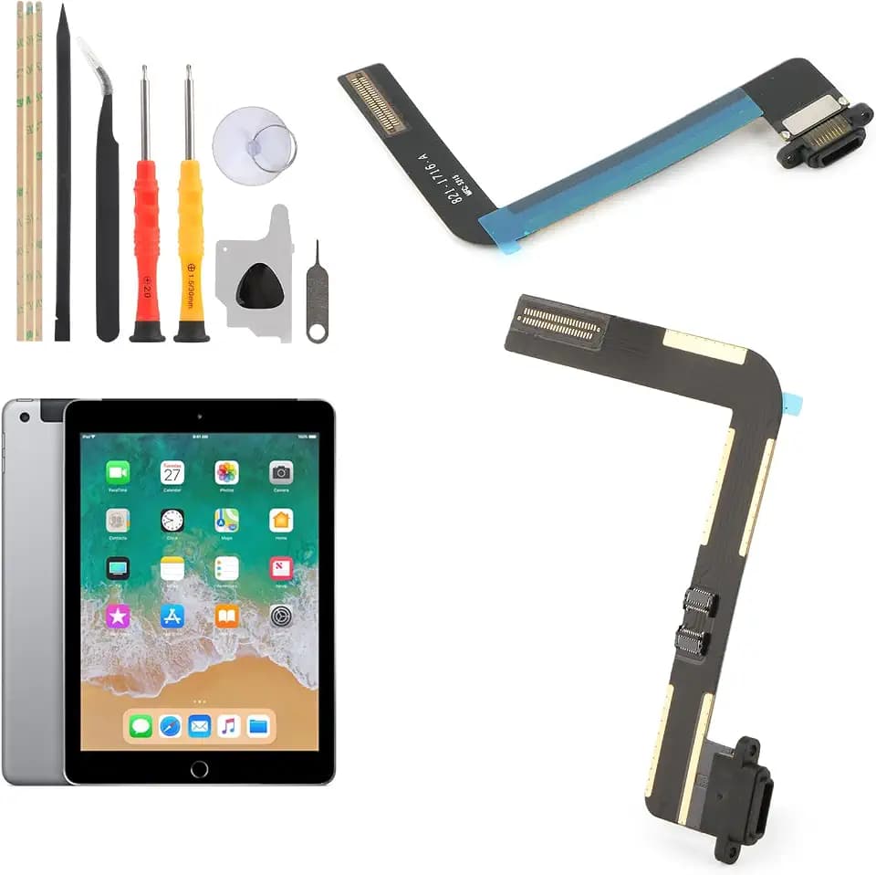 Dock Connector for iPad Air A1474 A1475/5 5th 9.7 2017 A1822 A1823/6 6th 2018 A1893 A1954 Charging Port Flex Cable Replacement for Air/5 5th/6 6th USB Charger Dock Board Connector with Tools(Black)