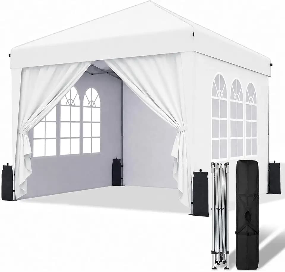 10x10 Pop Up Canopy with Sidewalls, One Push Setup, Portable Carry Bag-White